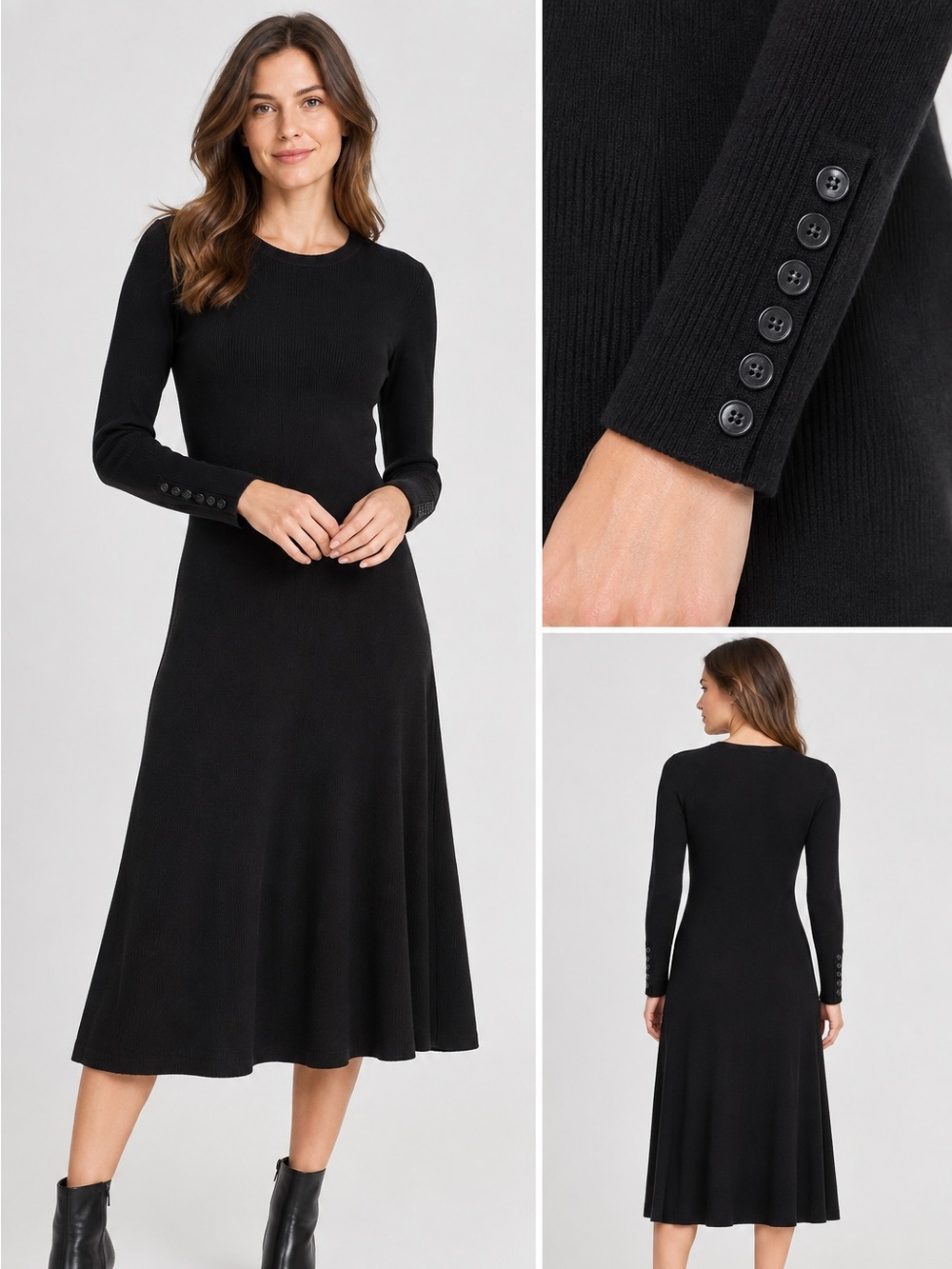 St. John Black Knit Midi Dress S Long Sleeve Button Cuff A-Line